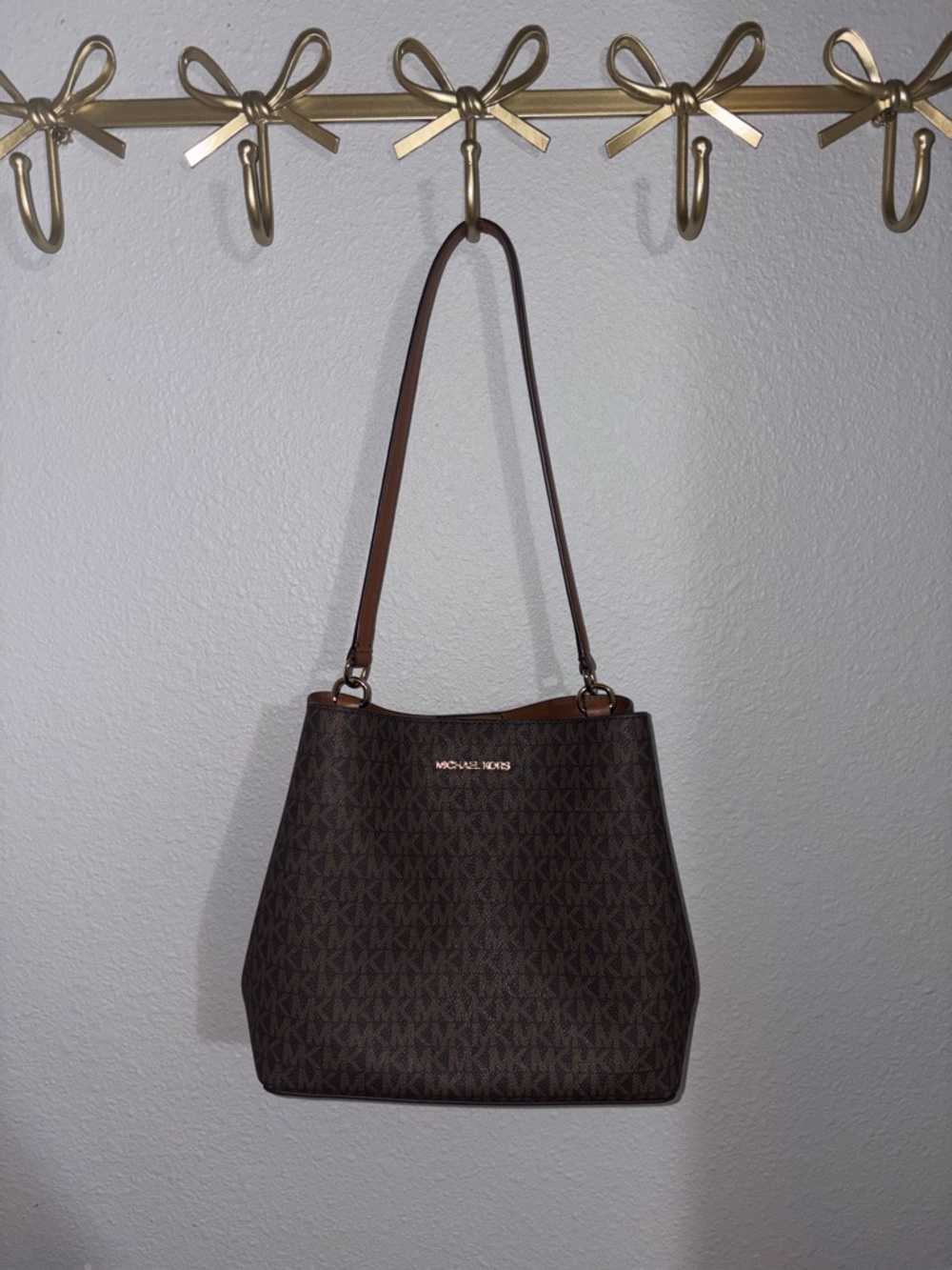 Michael Kors Dark Brown MK Logo Shoulder Bag with Gold Hardware